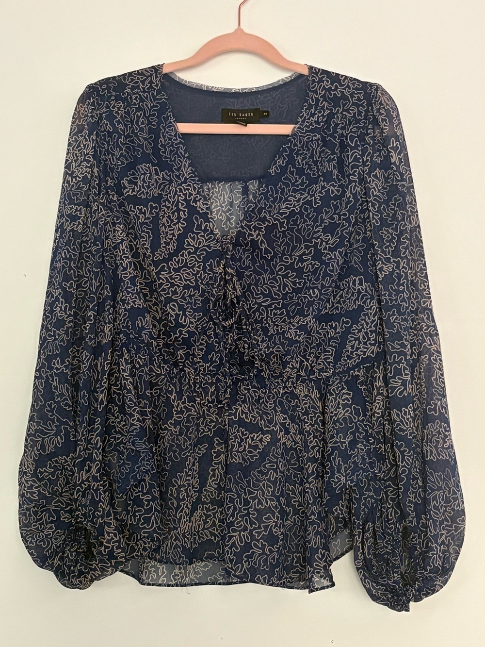 Ted Baker Blouson Blouse | Tie Front Balloon Sleeve | Size 2 (UK 12) | Navy - Picture 4 of 5